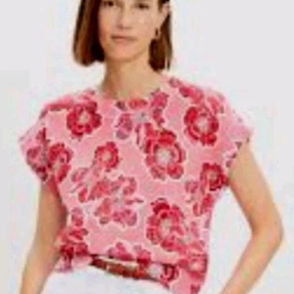 Loft Pink Red Floral cap kimono sleeve Crewneck Sweater Top Blouse Shirt Size XL